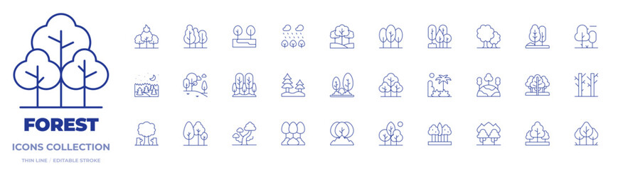 Forest icons collection. Thin Line icons, editable stroke. forest, trees, tree, wildfire, forest fire, deforestation, woods, rainforest, green planet, nature