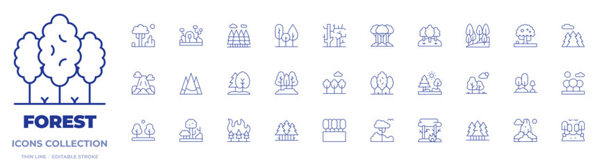 Forest icons collection. Thin Line icons, editable stroke. mountain, trees, pico cao, tree, dry tree, garden, apple tree, forest, wildfire