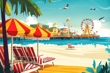 Classic seaside resort features vintage beach umbrellas and a vibrant pier with a ferris wheel, perfect for summer fun and relaxation
