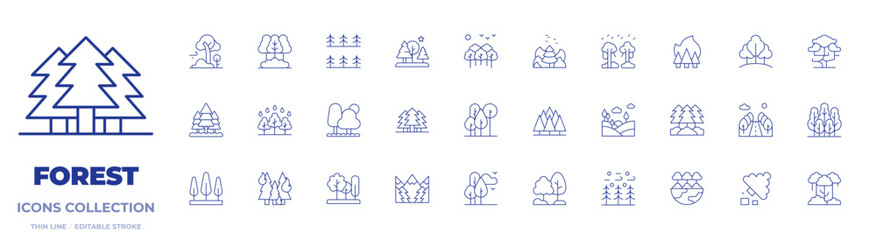 Forest icons collection. Thin Line icons, editable stroke. tree, deforestation, trees, rainforest, pine, landscape, burning, forest, nature, road, pines, wildfire