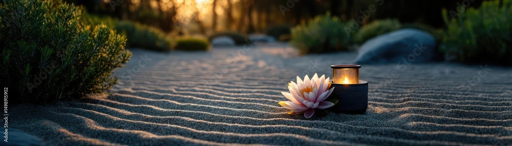 Aufkleber Raked sand patterns in tranquility with lantern and lotus concept. A serene setting featuring a flower and candle on sandy terrain.