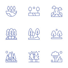 Naklejka premium Forest icons set. Thin Line style, editable stroke. mountain, tree, forest, nature, tent, pine tree