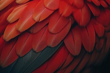 Obraz premium Close up of vibrant feathers from a Scarlet macaw showcasing intricate textures and vivid red coloration in a natural habitat setting