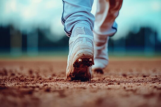 Close up on athlete legs running on baseball field during afternoon practice before game with focus on footwear and dirt on ground