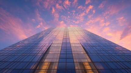 Tall Business Building Under Evening Glow in Reflective Sky