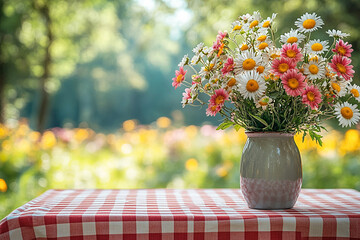 Mockup. Picnic table with checkered tablecloth and a vase with flowers on a summer background. Retro style. Copy space.