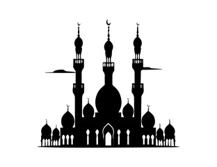 Minimal black silhouette of mosque with dome and minaret. Traditional Islamic style. Vector clean art. EPS format included.