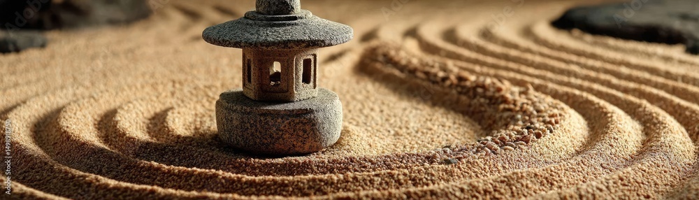 Poster raked sand patterns in tranquility with lantern and lotus concept. zen garden with a stone lantern a