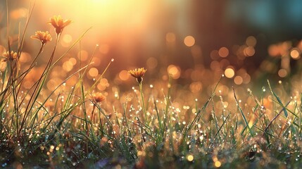 Sparkling Dewdrops in a Vibrant Spring Garden at Sunrise
