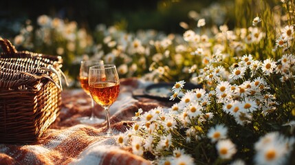 Serene Picnic Setting on Grass Surrounded by Daisies and Sunshine