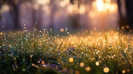 Dewy Spring Garden Sparkling with Morning Light and Fresh Grass