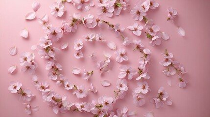 Top Down View of Delicate Spring Flower Petals on Pink Background