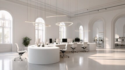 Stylish Spacious White Office with Curved Communal Desk Design