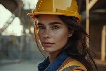Confident female engineer wearing a hard hat in a construction site during golden hour showcasing her focus and determination in advancing her career in engineering