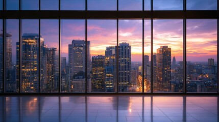 Stunning Sunset Over City Skyline from Office Windows at Dusk