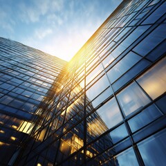 Sunlit Glass Skyscraper Wall in Morning Light Near Urban Landscape