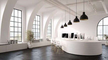 Spacious White Office with Curved Communal Desk and Modern Decor