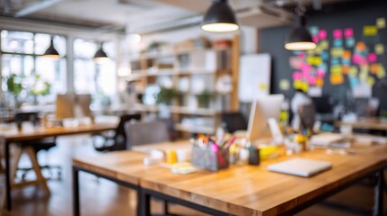 Modern Communal Workspace with Desks and Whiteboard in Focus