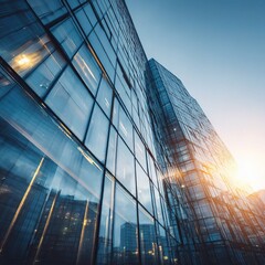 Sunlit Skyscraper with Glass Wall in Morning Light Close Up View