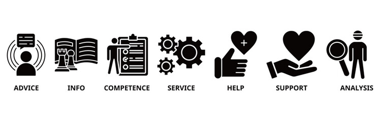 Problem solving icon set illustration contain advice, info, competence, service, help, support and analysis.