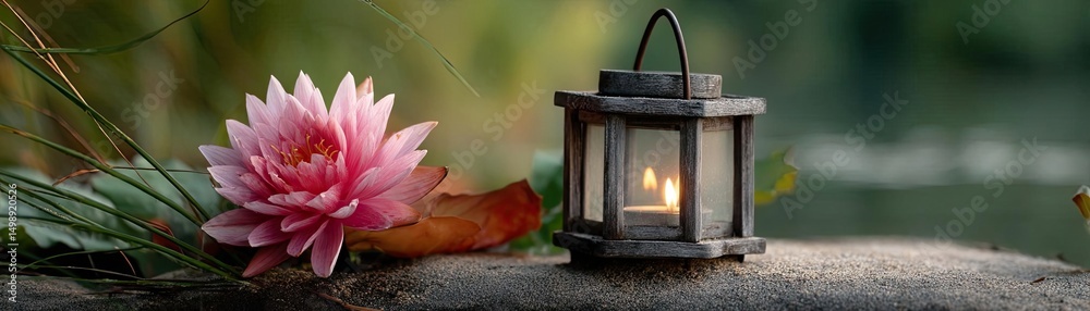 Poster raked sand patterns in tranquility with lantern and lotus concept. a serene lantern beside a pink wa