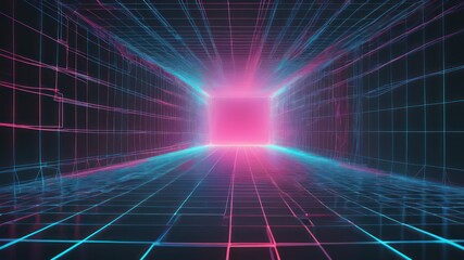Futuristic Wireframe Tunnel with Glowing End Point Creating a Technological and Abstract Perspective
