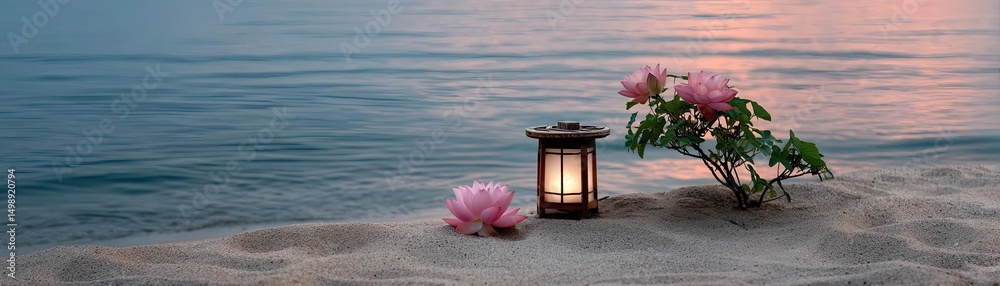 Poster Raked sand patterns in tranquility with lantern and lotus concept. Tranquil beach scene featuring a lantern and water lilies.