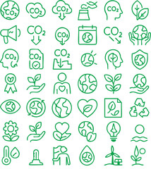 Eco-Friendly Green Line Icons Set – Sustainability, Renewable Energy, CO2 Reduction, Recycling, Environmental Protection, Climate Awareness, and Nature Conservation
