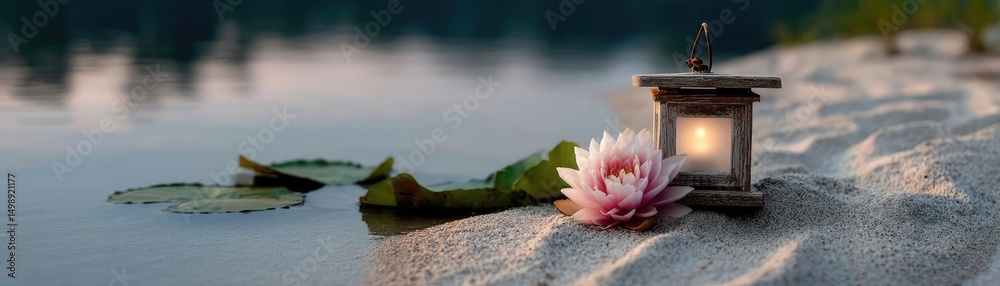 Aufkleber Raked sand patterns in tranquility with lantern and lotus concept. A serene scene of a lantern by the water with a blooming lotus flower.