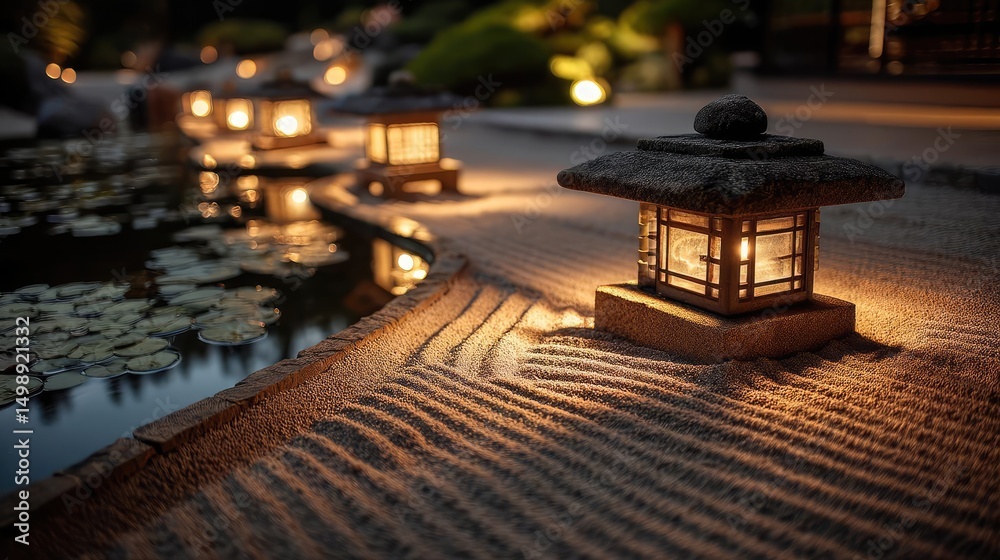 Poster raked sand patterns in tranquility with lantern and lotus concept. serene lanterns illuminate a peac