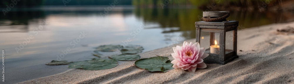 Poster Raked sand patterns in tranquility with lantern and lotus concept. A serene scene of a lantern and a water lily by the lake.