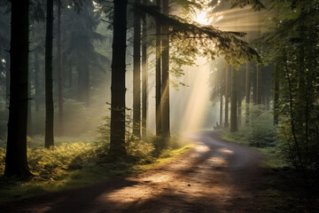 Fototapeta premium A path through the forest where sunlight shines through