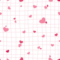 Vector seamless checkered pattern with and pink hearts. Geometric striped repeating gingham hand drawn texture.