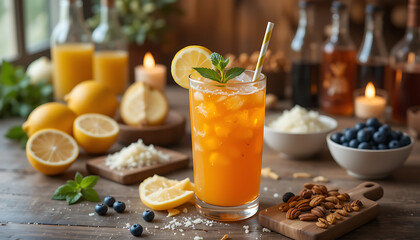 Fototapeta premium Fresh Iced Lemon Juice with Blueberries, Nuts, and Natural Ingredients on Wooden Table
