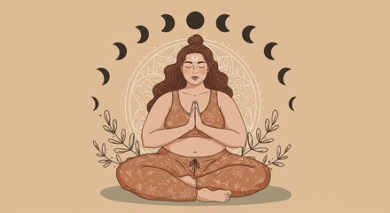Obraz premium Peaceful Plus-Size Woman in Yoga Pose with Mandala and Nature Elements 