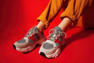 Close up of Grey and Leopard Print Sneakers with Orange Pants Against Red Background