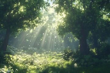 Obraz premium A serene forest scene with sunlight filtering through lush trees, creating a peaceful atmosphere.