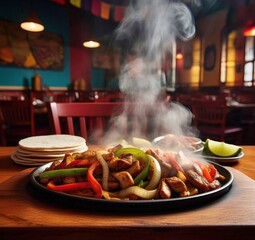 A sizzling plate of chicken fajitas with peppers onions and tortillas in a restaurant setting