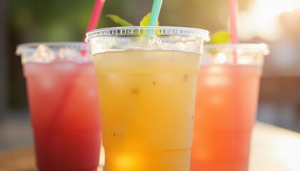 Refreshing summer drinks in clear plastic cups outdoor. Summer outdoor event with natural beverage on a warm sunny day.