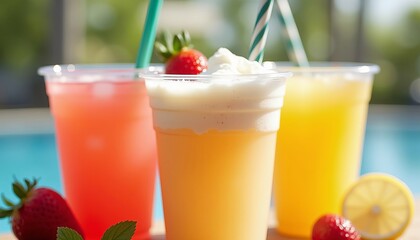 Refreshing summer drinks in clear plastic cups outdoor. Summer outdoor event with natural beverage on a warm sunny day.
