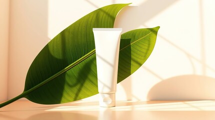Dreamy Skincare Product Photography Soft Lighting, White Background, Green Leaf Shadow