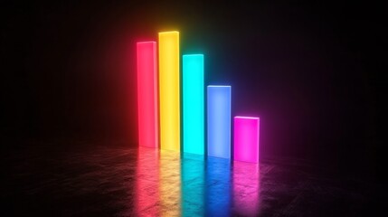 D bar chart with glowing neon colors emerging from black glossy floor