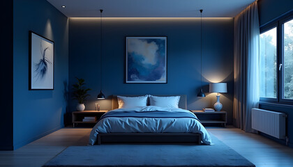 Modern Blue Bedroom with Large Window and Low Bed, Simple Interior