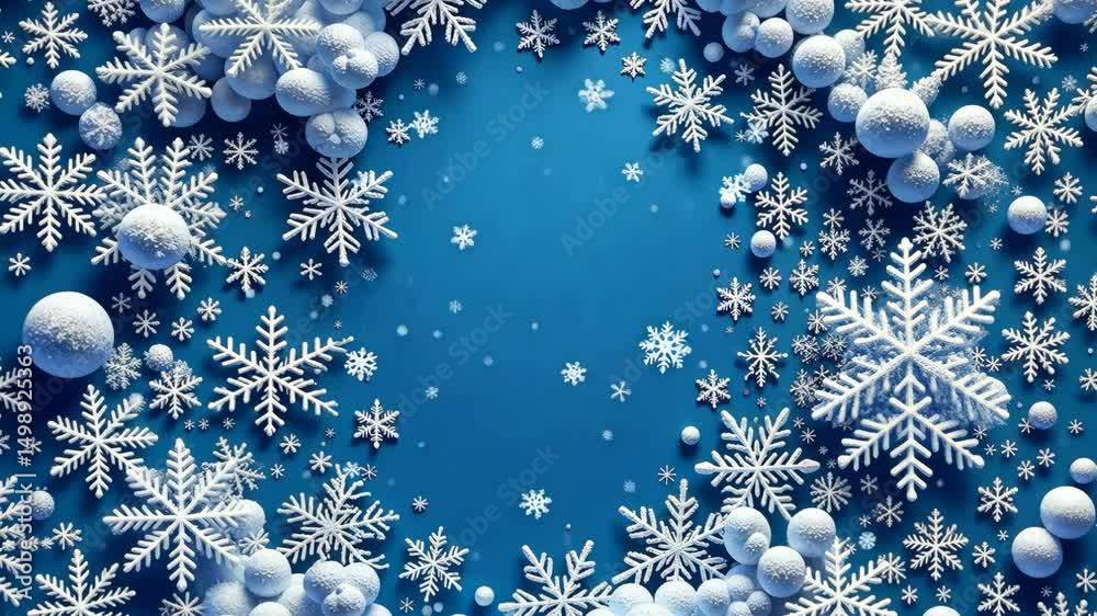 Aufkleber A blue background with two trees and snow. The trees are covered in snow and the snow is falling. There are also two stars and a yellow ball in the snow