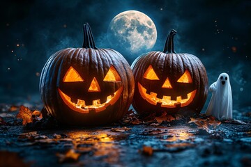 Jack o lanterns in a dark, wet forest with fallen autumn leaves, against the background of the moon, emphasizing the creepy event of Halloween night.