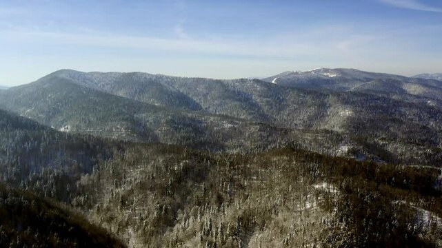 Discover stunning winter landscapes in Goc, Serbia showcasing snow-covered mountains and pine forests