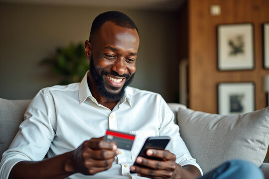 Close up smiling african man holding smartphone and banking credit card on home background. AI