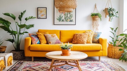 Bright living room with yellow couch, colorful pillows, woven pendant light, round coffee table with plants,greenery, artwork, woven wall hangings, and patterned rug