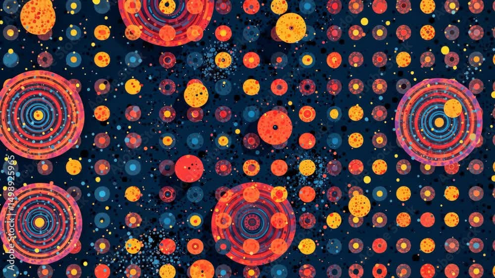 Poster a colorful pattern of circles and dots. the circles are orange and blue. the dots are red and yellow