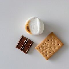 Overhead view of a toasted marshmallow, chocolate square and graham cracker on a white surface